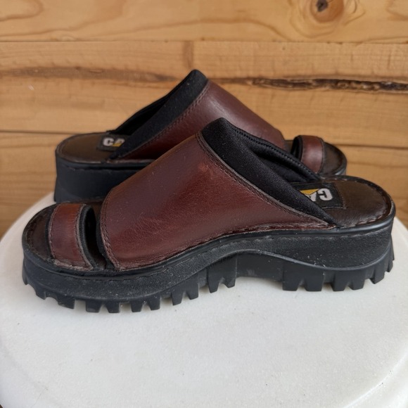 Vtg CAT Caterpillar Leather Chunky Y2K Platform Sandals Brown Sz 7 Toe Loop - Picture 4 of 8